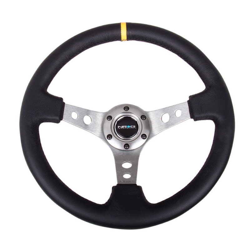 NRG ST-006 Series Steering Wheel (3″ Deep) Black Leather, Gun Metal 3 Spoke, Yellow Center Marking (350mm)