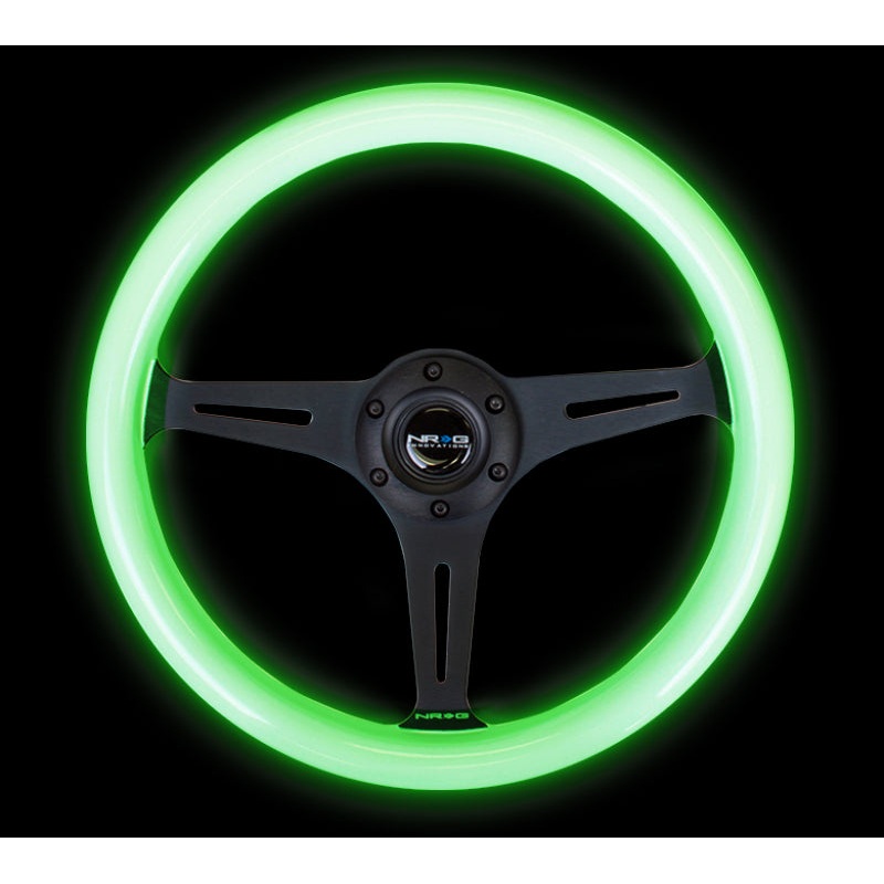 NRG Classic Wood Grain Steering Wheel (350mm) Glow-N-The-Dark Green Grip w/Black 3-Spoke Center