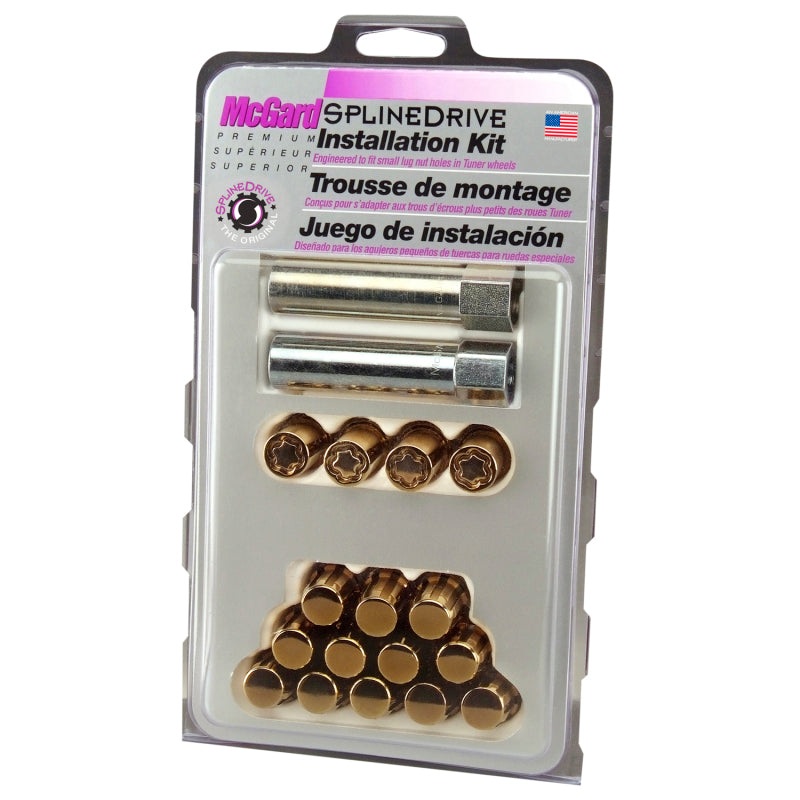 McGard SplineDrive Tuner 4 Lug Install Kit w/Locks & Tool (Cone) M12x1.5 / 13/16 Hex – Gold (CS)