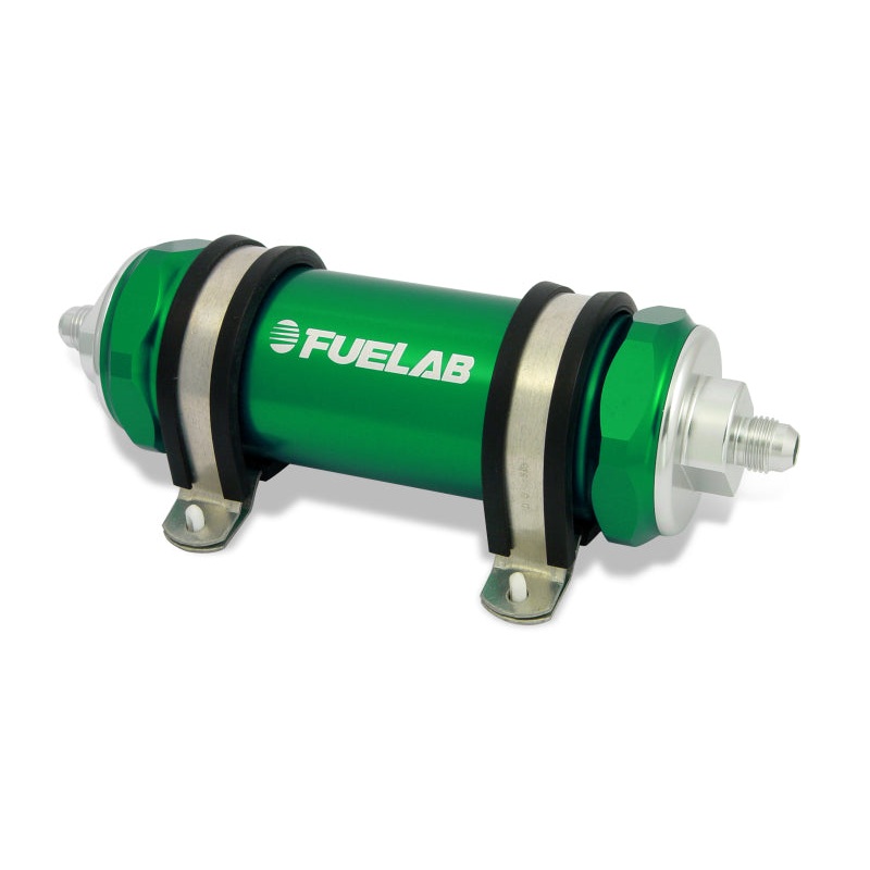 Fuelab 828 In-Line Fuel Filter Long -8AN In/-6AN Out 100 Micron Stainless – Green