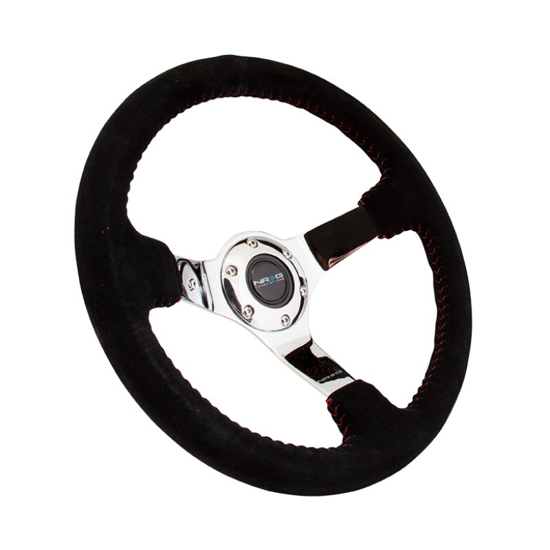 NRG Reinforced Steering Wheel (350mm / 3in. Deep) Blk Suede w/Red BBall Stitch & Chrome 3-Spoke