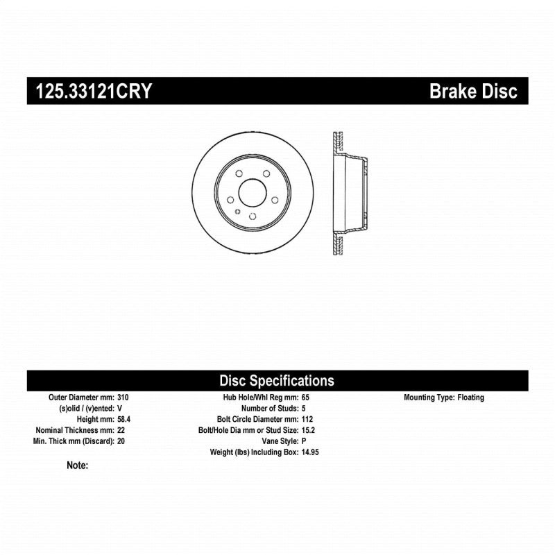 Centric 08-15 Audi TT Quattro Premium Rear CryoStop Brake Rotor